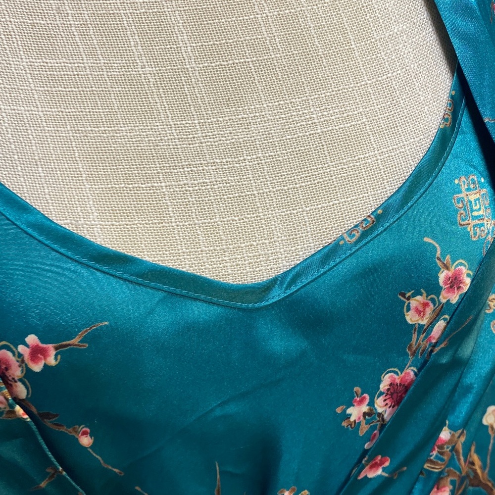 California Dynasty size large Floral Satin Kimono Robe‎ set - Teal oriental sexy - Picture 4 of 16